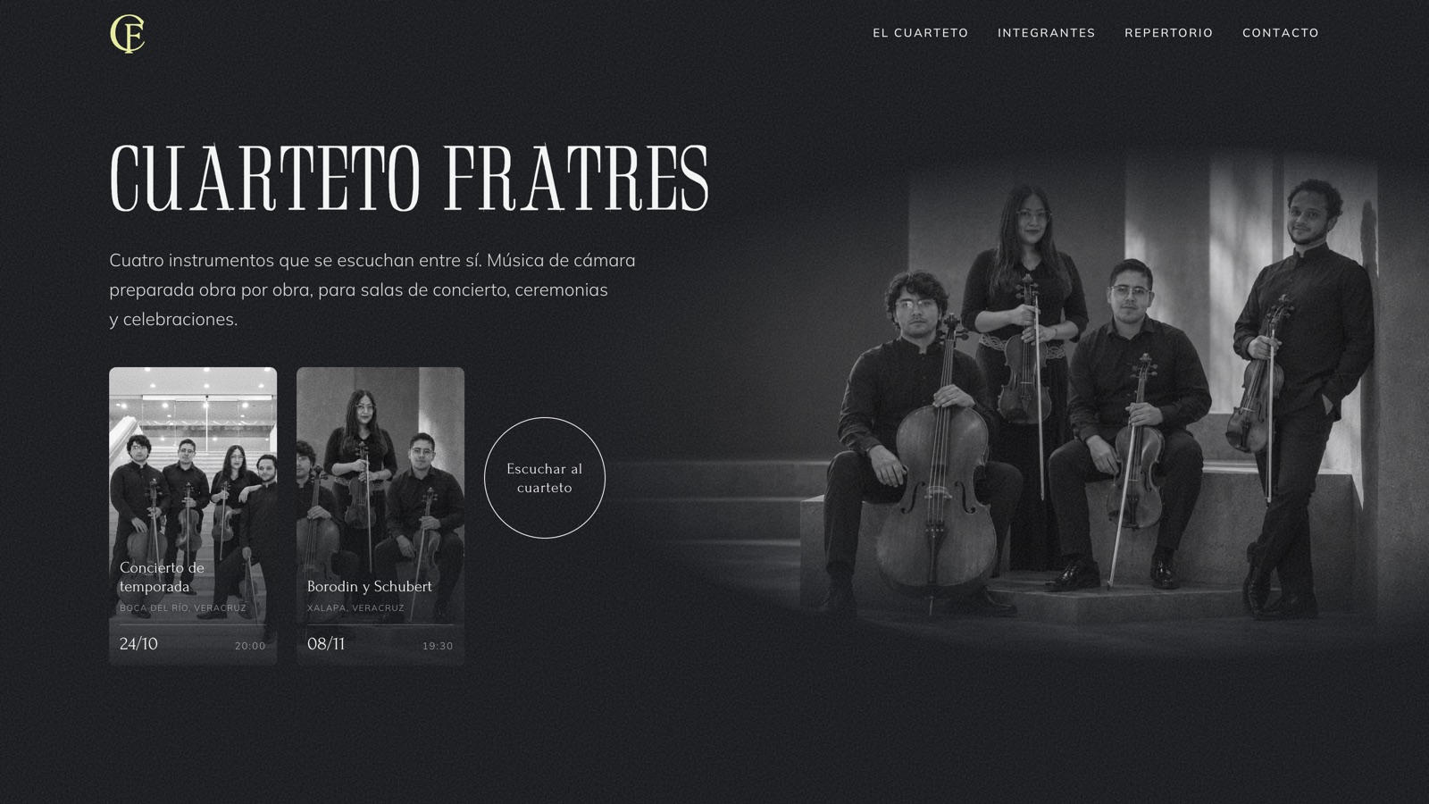 Página de inicio del sitio del Cuarteto Fratres: titular sobre fondo oscuro, retrato del cuarteto y próximas fechas de concierto