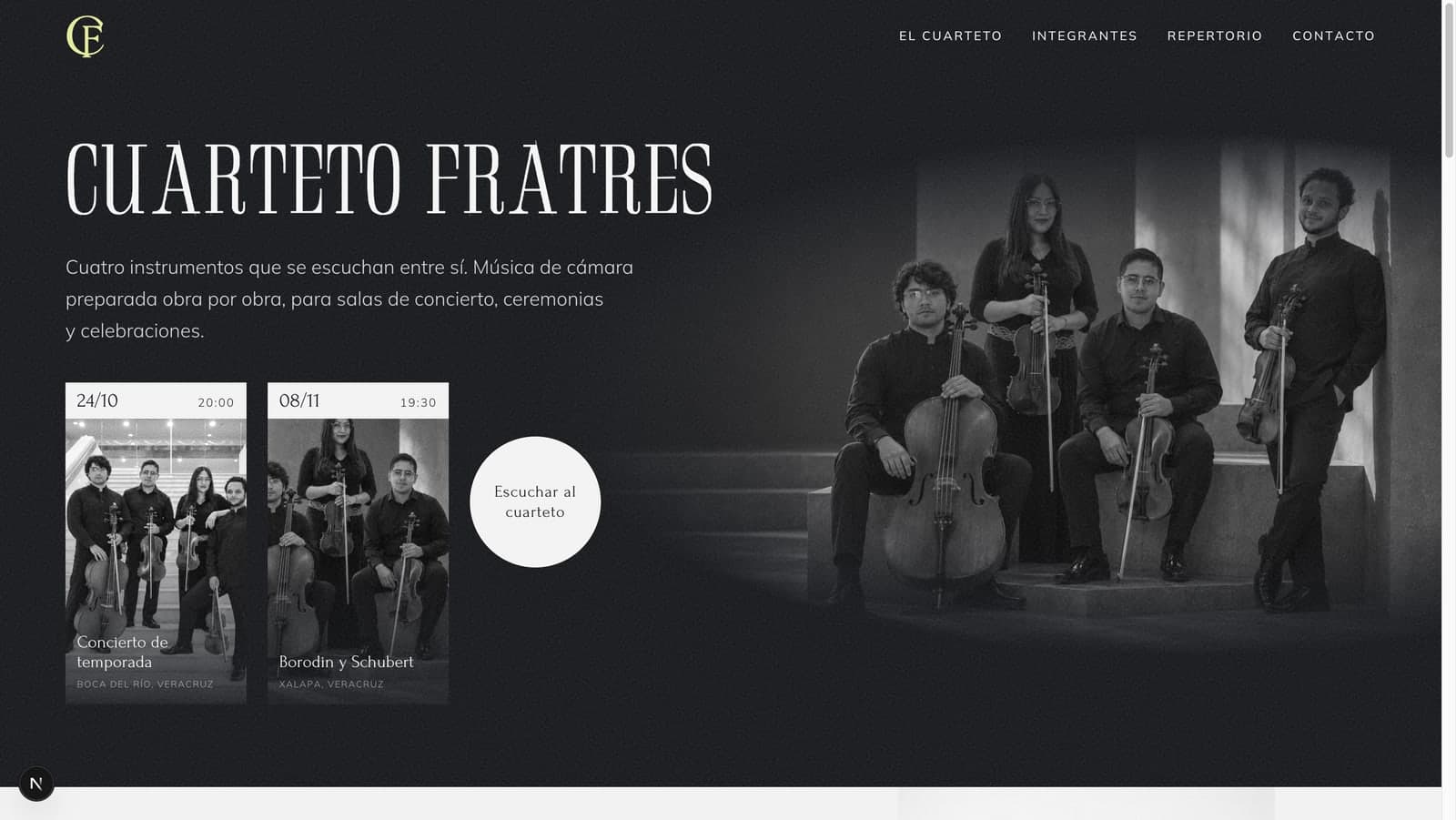Home page of the Cuarteto Fratres site: headline on a dark background, portrait of the quartet and upcoming concert dates